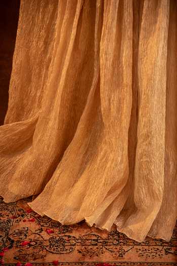 Eraaya by Ratika J_Gold Silk, Tissue, Organza Square Neck Floral Applique Blouse With Skirt _Online