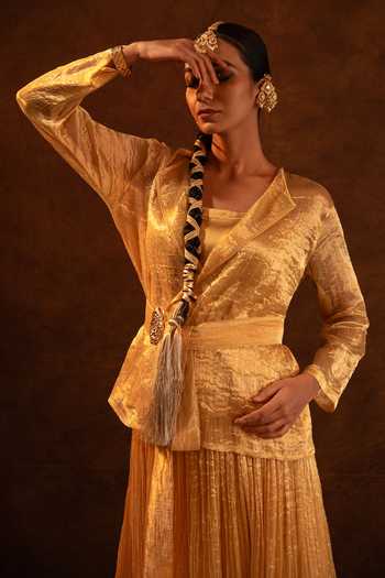 Shop_Eraaya by Ratika J_Gold Satin, Tissue, Modal Shawl Neck Textured Jacket Skirt Set _Online_at_Aza_Fashions