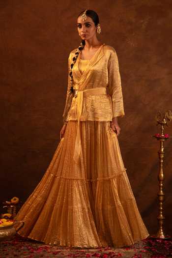 Eraaya by Ratika J_Gold Satin, Tissue, Modal Shawl Neck Textured Jacket Skirt Set _at_Aza_Fashions
