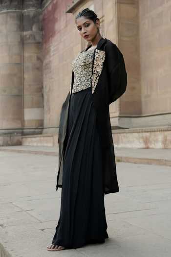 Eraaya by Ratika J_Black Crepe, Organza Square Neck, Open Brocade Embroidered Jacket Palazzo Set _Online_at_Aza_Fashions