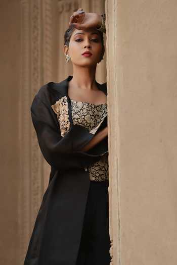 Buy_Eraaya by Ratika J_Black Crepe, Organza Square Neck, Open Brocade Embroidered Jacket Palazzo Set _Online_at_Aza_Fashions