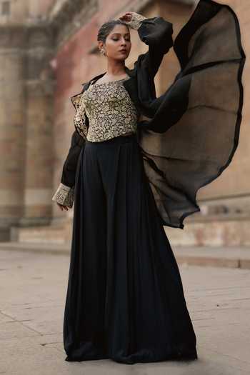 Shop_Eraaya by Ratika J_Black Crepe, Organza Square Neck, Open Brocade Embroidered Jacket Palazzo Set _Online_at_Aza_Fashions
