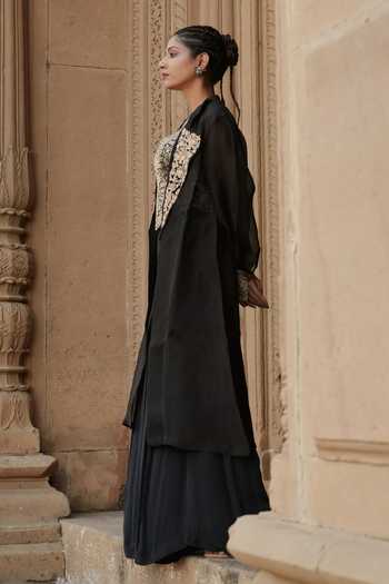Eraaya by Ratika J_Black Crepe, Organza Square Neck, Open Brocade Embroidered Jacket Palazzo Set _at_Aza_Fashions