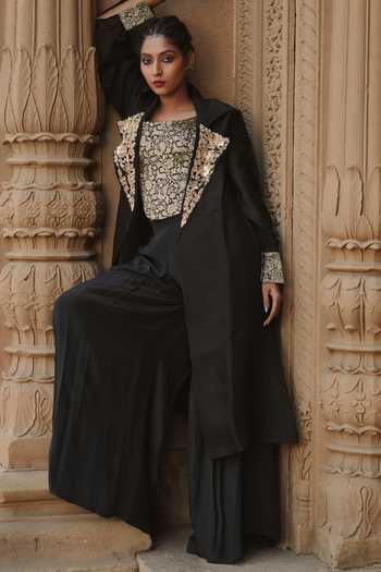 Eraaya by Ratika J_Black Crepe, Organza Square Neck, Open Brocade Embroidered Jacket Palazzo Set _Online