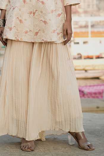 Eraaya by Ratika J_Beige Silk, Satin V-neck Hand Embroidered Peplum Top And Palazzo Set _Online_at_Aza_Fashions