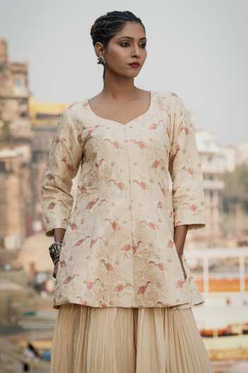 Eraaya by Ratika J_Beige Silk, Satin V-neck Hand Embroidered Peplum Top And Palazzo Set _at_Aza_Fashions