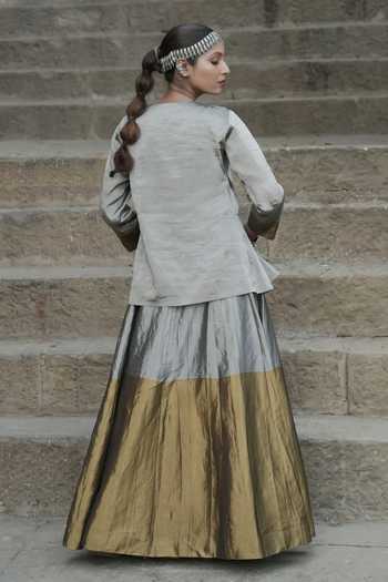 Shop_Eraaya by Ratika J_Gold Silk Round Neck Contrast Yoke Top And Skirt Set _at_Aza_Fashions