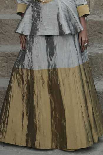 Eraaya by Ratika J_Gold Silk Round Neck Contrast Yoke Top And Skirt Set _Online_at_Aza_Fashions