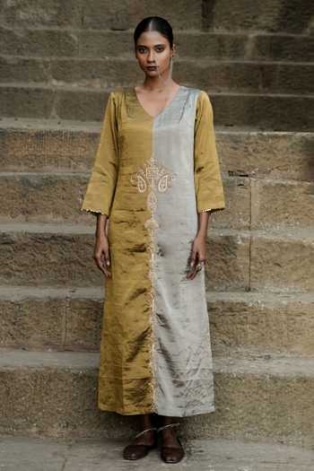 Buy_Eraaya by Ratika J_Gold Silk V-neck Two Tone Dress _Online_at_Aza_Fashions