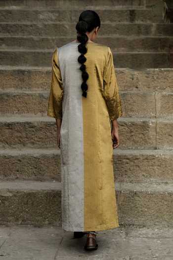 Shop_Eraaya by Ratika J_Gold Silk V-neck Two Tone Dress _at_Aza_Fashions