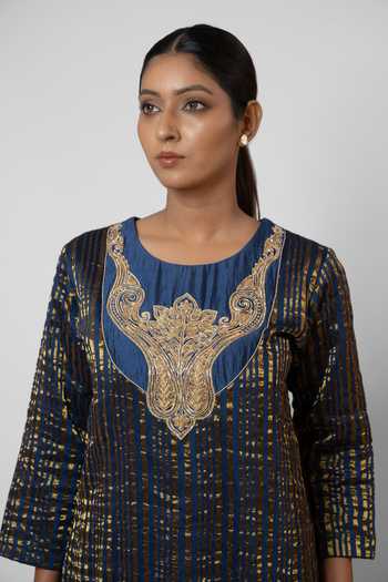 Buy_Eraaya by Ratika J_Blue Silk, Organza Round Neck Hand Embroidered Kurta Palazzo Set _Online_at_Aza_Fashions