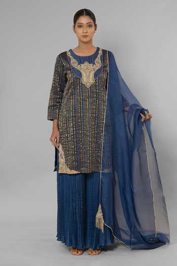 Shop_Eraaya by Ratika J_Blue Silk, Organza Round Neck Hand Embroidered Kurta Palazzo Set _Online_at_Aza_Fashions