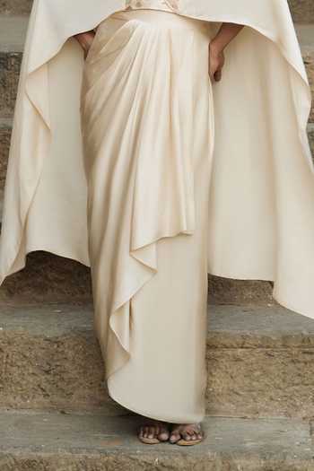 Eraaya by Ratika J_Beige Silk, Satin Shawl Neck Embroidered Cape Top With Skirt _Online_at_Aza_Fashions