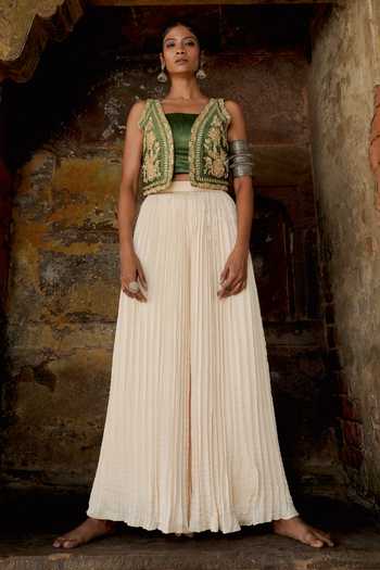 Shop_Eraaya by Ratika J_Green Silk, Satin Square , Open Hand Embroidered Jacket And Palazzo Set _Online_at_Aza_Fashions
