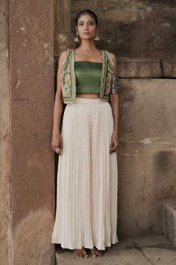 Shop_Eraaya by Ratika J_Green Silk, Satin Square , Open Hand Embroidered Jacket And Palazzo Set _at_Aza_Fashions
