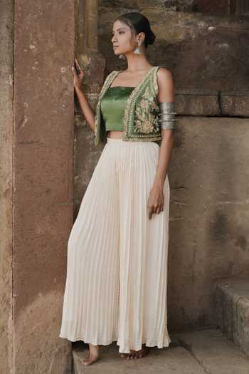 Eraaya by Ratika J_Green Silk, Satin Square , Open Hand Embroidered Jacket And Palazzo Set _at_Aza_Fashions