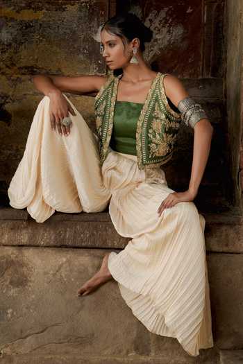 Buy_Eraaya by Ratika J_Green Silk, Satin Square , Open Hand Embroidered Jacket And Palazzo Set 