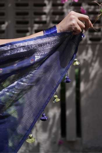 Five Point Five_Blue Kota Doria Ridhi Butti Pattern Saree With Running Blouse  _Online_at_Aza_Fashions