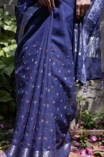 Buy_Five Point Five_Blue Kota Doria Ridhi Butti Pattern Saree With Running Blouse  _Online_at_Aza_Fashions