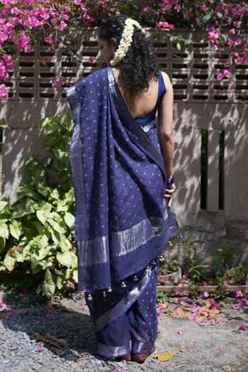 Shop_Five Point Five_Blue Kota Doria Ridhi Butti Pattern Saree With Running Blouse  _at_Aza_Fashions