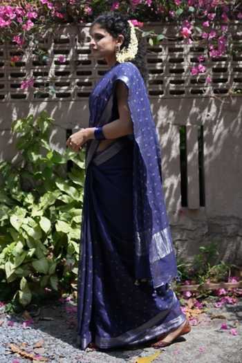 Five Point Five_Blue Kota Doria Ridhi Butti Pattern Saree With Running Blouse  _at_Aza_Fashions