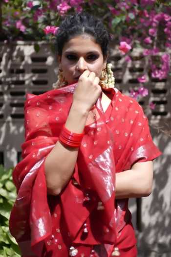 Five Point Five_Red Kota Doria Ridhi Saree And Running Blouse Set _Online_at_Aza_Fashions