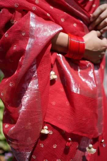 Five Point Five_Red Kota Doria Ridhi Saree And Running Blouse Set _at_Aza_Fashions