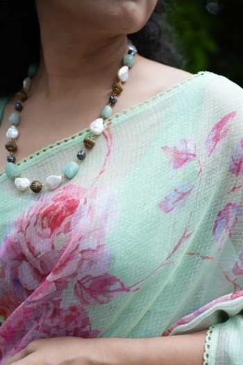 Buy_Five Point Five_Green Kota Doria Komal Floral Pattern Saree With Running Blouse  _Online_at_Aza_Fashions