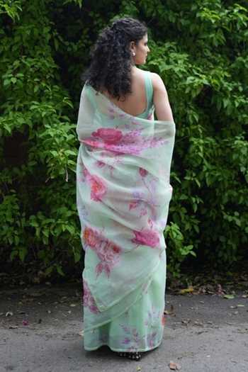 Shop_Five Point Five_Green Kota Doria Komal Floral Pattern Saree With Running Blouse  _at_Aza_Fashions