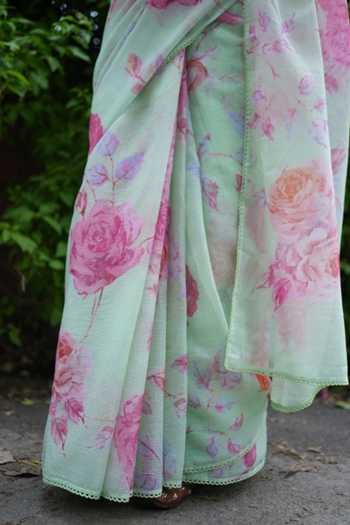Shop_Five Point Five_Green Kota Doria Komal Floral Pattern Saree With Running Blouse  _Online_at_Aza_Fashions