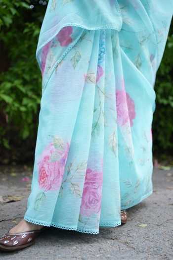 Buy_Five Point Five_Blue Doriya Komal Floret Pattern Saree With Running Blouse  _Online_at_Aza_Fashions