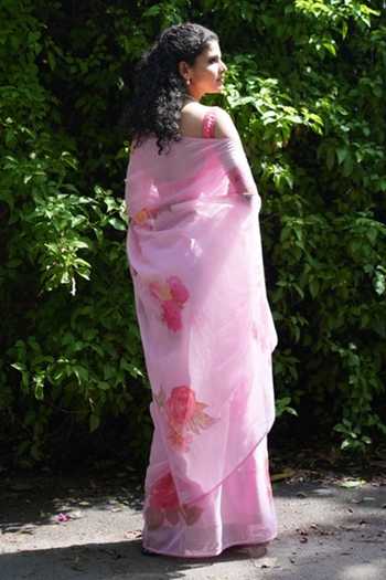 Shop_Five Point Five_Pink Doriya Juhi Rosette Pattern Saree With Running Blouse  _at_Aza_Fashions