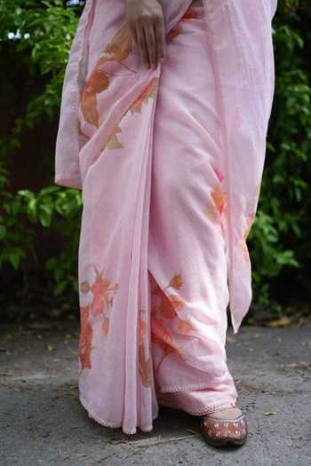Shop_Five Point Five_Peach Kota Doria Juhi Floret Pattern Saree With Running Blouse  _Online_at_Aza_Fashions
