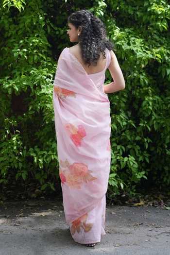 Shop_Five Point Five_Peach Kota Doria Juhi Floret Pattern Saree With Running Blouse  _at_Aza_Fashions