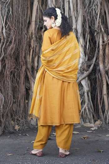 Shop_Five Point Five_Mustard Chanderi Split V-neck, Yes Bhanu Gota Lace Kurta Set _at_Aza_Fashions