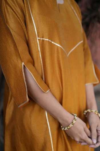 Shop_Five Point Five_Mustard Chanderi Split V-neck, Yes Bhanu Gota Lace Kurta Set _Online_at_Aza_Fashions