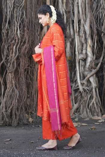 Five Point Five_Orange Chanderi Round Neck, Yes Lalita Straight Kurta Set _at_Aza_Fashions