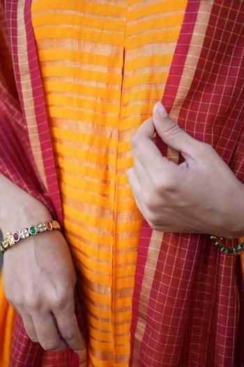 Five Point Five_Yellow Chanderi Round Neck, Yes Lalita Straight Kurta Set _at_Aza_Fashions