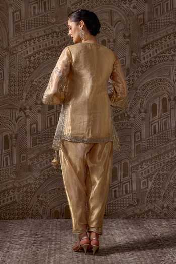 Shop_Ridhi Mehra_Gold Tissue Split V-neck, Yes Goldbound Embroidered Kurta Set _at_Aza_Fashions