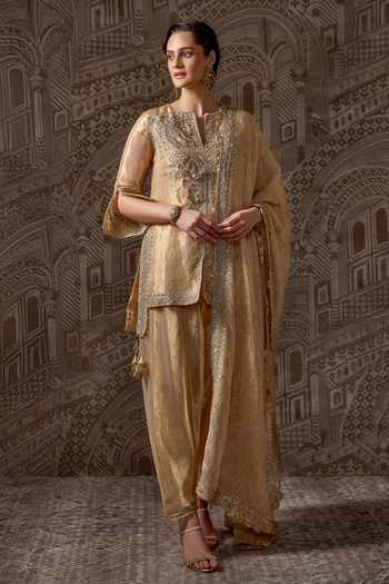 Buy_Ridhi Mehra_Gold Tissue Split V-neck, Yes Goldbound Embroidered Kurta Set _Online_at_Aza_Fashions