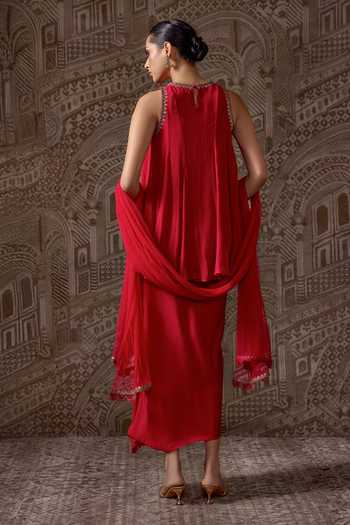 Shop_Ridhi Mehra_Red Silk, Net Round Neck, Yes The Crest Embroidered Kurta Skirt Set _at_Aza_Fashions
