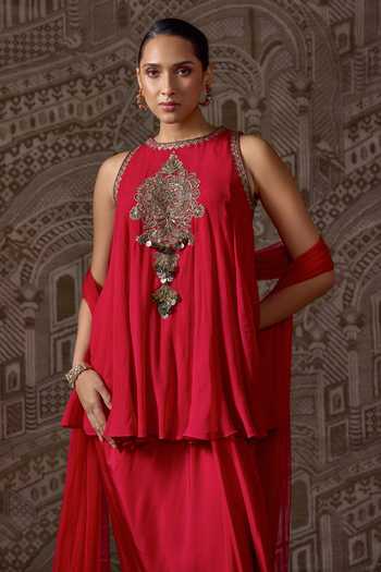 Buy_Ridhi Mehra_Red Silk, Net Round Neck, Yes The Crest Embroidered Kurta Skirt Set _Online_at_Aza_Fashions