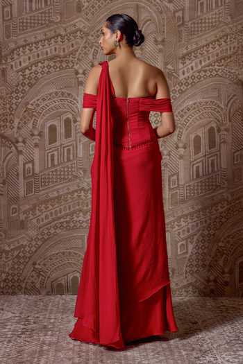 Shop_Ridhi Mehra_Red Chiffon The Precious Pre-draped Saree With Corset _at_Aza_Fashions