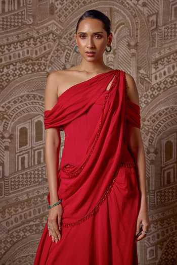 Shop_Ridhi Mehra_Red Chiffon The Precious Pre-draped Saree With Corset _Online_at_Aza_Fashions