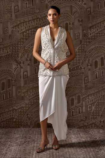 Buy_Ridhi Mehra_Ivory Organza, Silk V-neck Vestige Embroidered Jacket And Skirt Set _at_Aza_Fashions
