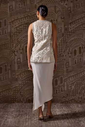 Shop_Ridhi Mehra_Ivory Organza, Silk V-neck Vestige Embroidered Jacket And Skirt Set _at_Aza_Fashions