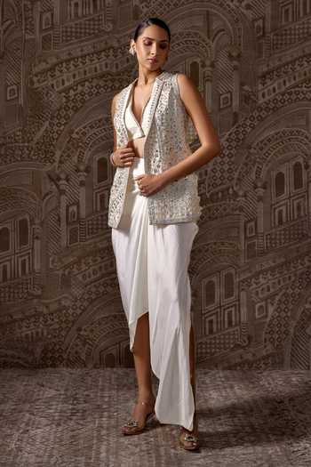 Ridhi Mehra_Ivory Organza, Silk V-neck Vestige Embroidered Jacket And Skirt Set _Online_at_Aza_Fashions