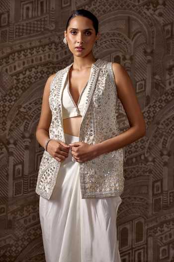 Buy_Ridhi Mehra_Ivory Organza, Silk V-neck Vestige Embroidered Jacket And Skirt Set _Online_at_Aza_Fashions