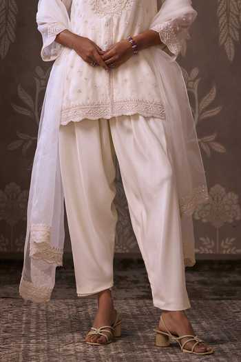 Ridhi Mehra_Ivory Organza, Silk Round Neck The Imperial Embroidered Kurta Set _Online_at_Aza_Fashions