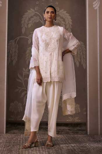 Buy_Ridhi Mehra_Ivory Organza, Silk Round Neck The Imperial Embroidered Kurta Set _Online_at_Aza_Fashions
